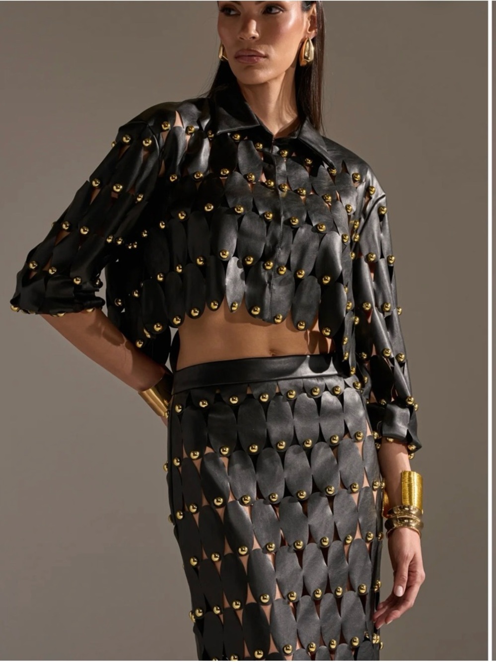 ✨AKIRA Black Cropped Studded Scalloped Leather-Look Shirt✨ - Picture 4 of 14